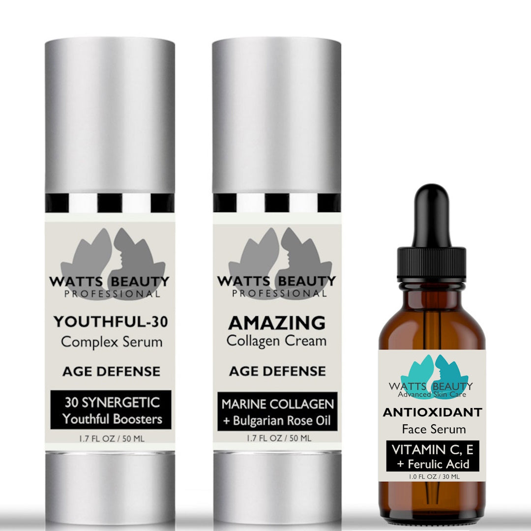 TRIO - Watts Beauty Amazing Collagen Cream with Marine Algae Extracts - Bulgarian Rose Oil - Youthful 30 Serum and Ferulic Serum