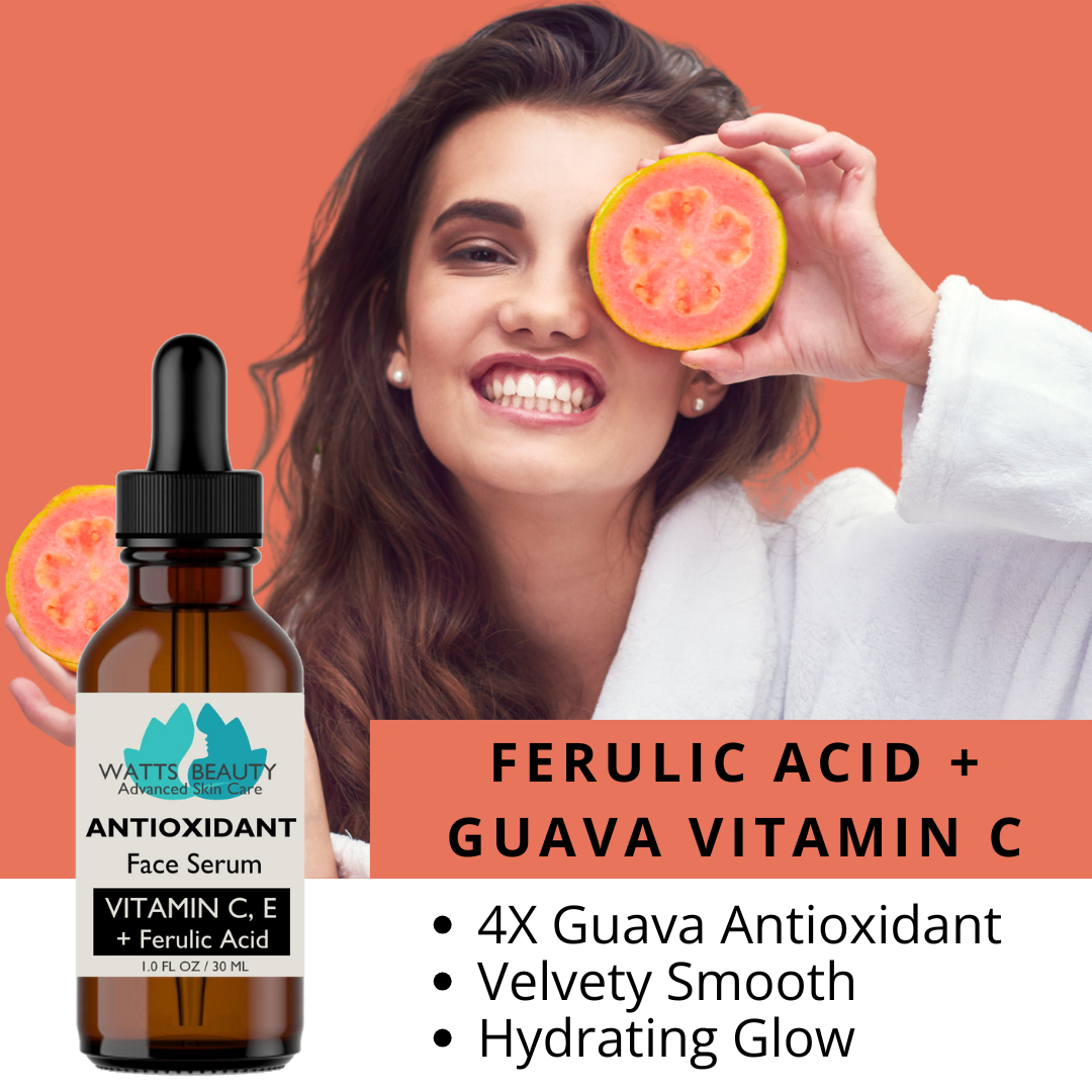 Women holding Watts Beauty Guava Powered Antioxidant Serum with Vitamin C, Vitamin E, Hyaluronic Acid, Panthenol - Vitamin B5 and Ferulic Acid