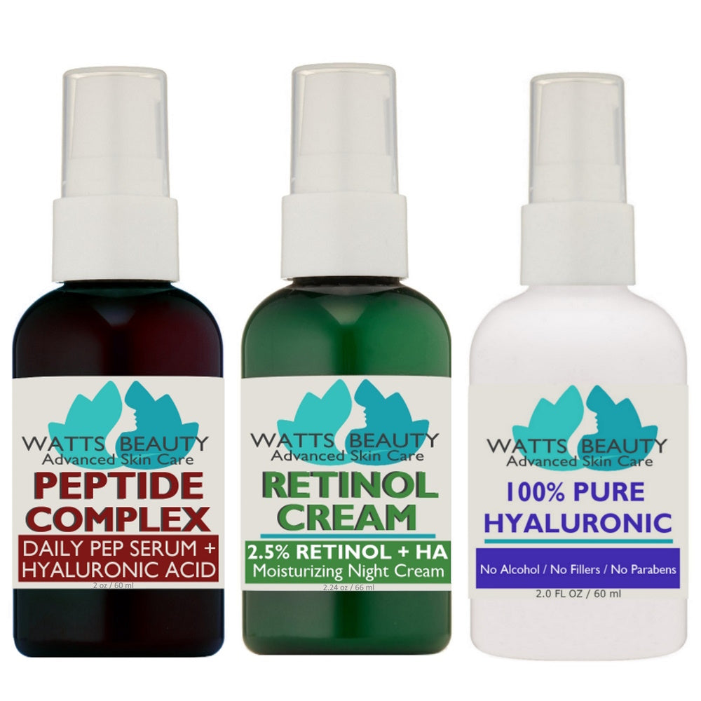 Complete Skincare TRIO- Watts Beauty 100% Pure Hyaluronic Acid Serum for Face - Only Alcohol FREE Pure Hyaluronic Acid Face Moisturizer Available at This Low Price - No Parabens - WattsBeautyUSA.com