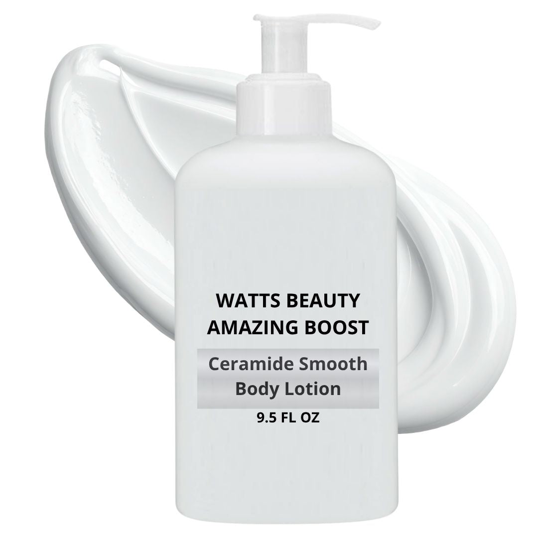 A white pump bottle of Watts Beauty Amazing Boost Ceramide Smooth Body Lotion, shown in front of a large swirl of white lotion on a white background.
