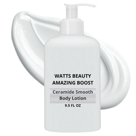 A white pump bottle of Watts Beauty Amazing Boost Ceramide Smooth Body Lotion, shown in front of a large swirl of white lotion on a white background.