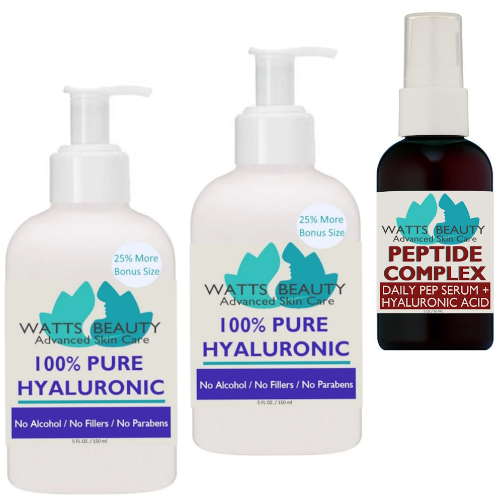 Double Pack with Bonus Peptide Serum - Watts Beauty 100% Pure Hyaluronic Acid Serum for Face - Only Alcohol FREE Pure Hyaluronic Acid Face Moisturizer Available at This Low Price - No Parabens - WattsBeautyUSA.com