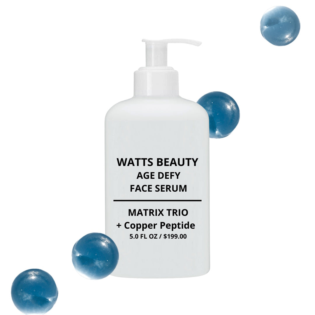 One bottle of Watts Beauty copper peptide face serum on a white background with blue droplets.