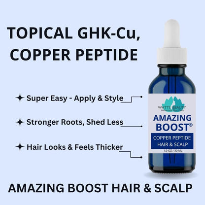 Bottle of Amazing Boost hair and scalp product with text on a light blue background