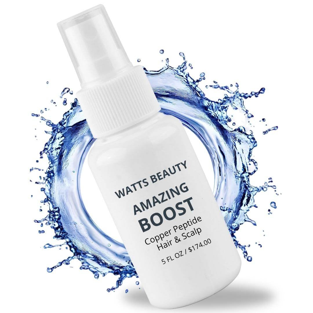 White spray bottle labeled 'Watts Beauty Amazing Boost' with water splash design on a white background