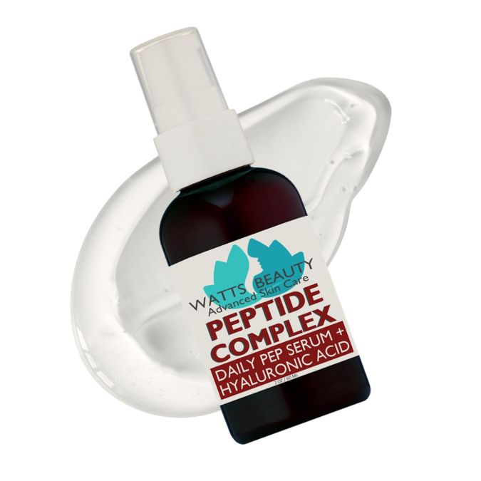 Skincare serum bottle with 'Watts Beauty' label on a white background
