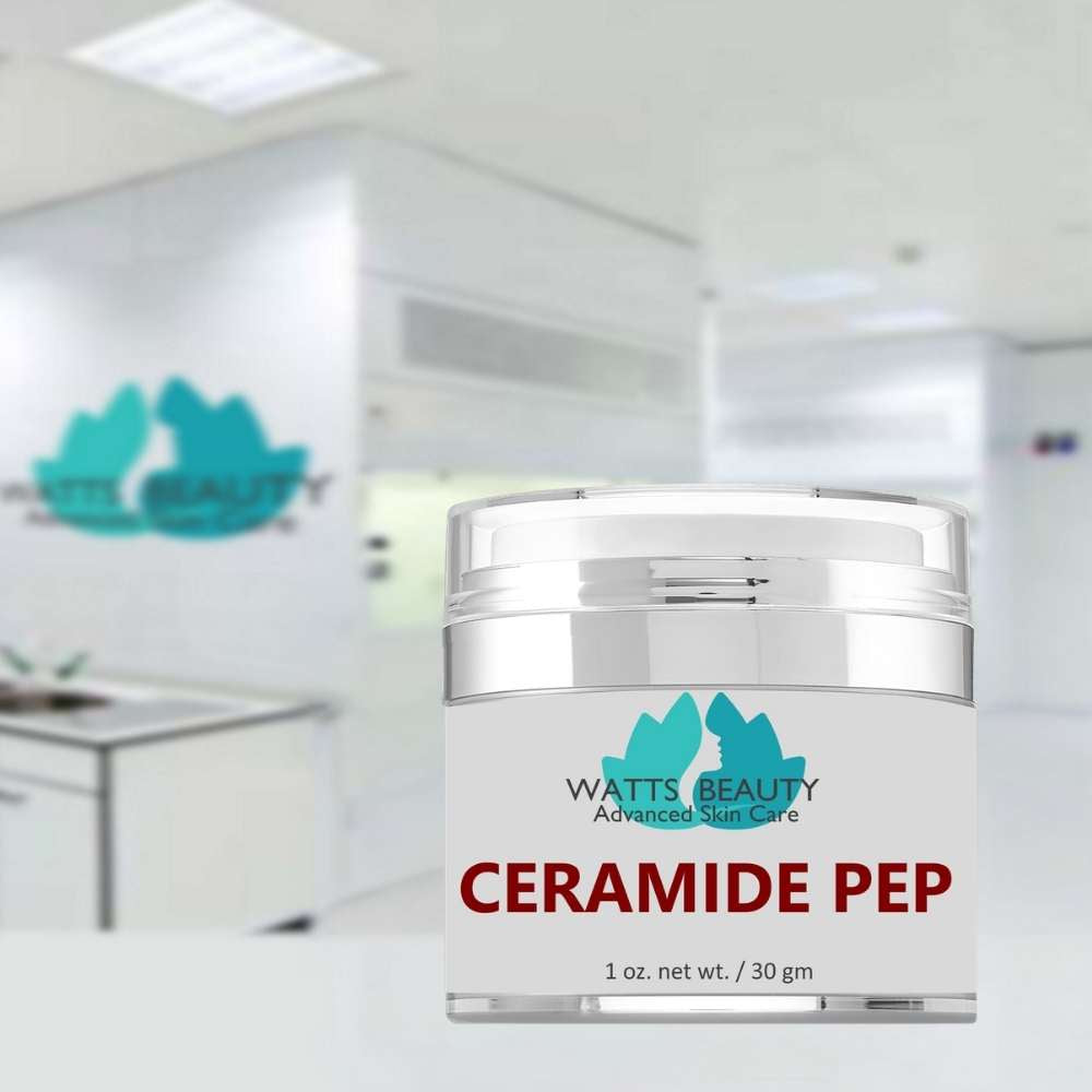 Jar of Watts Beauty Ceramide Pep cream in a blurred office setting