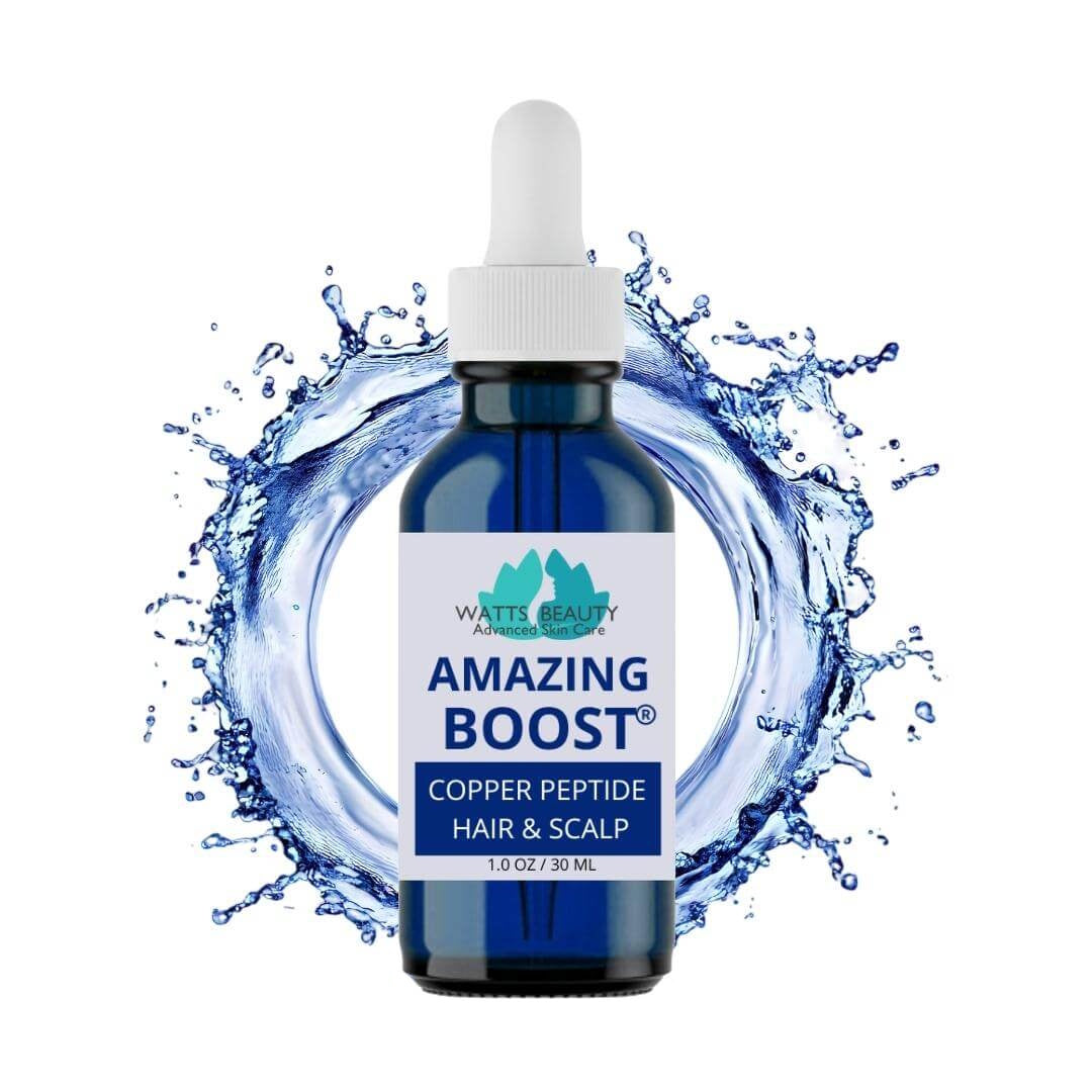 Bottle of Watt Beauty Amazing Boost hair and scalp serum with water splash background