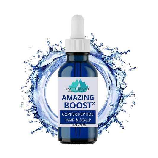 Bottle of Watt Beauty Amazing Boost hair and scalp serum with water splash background